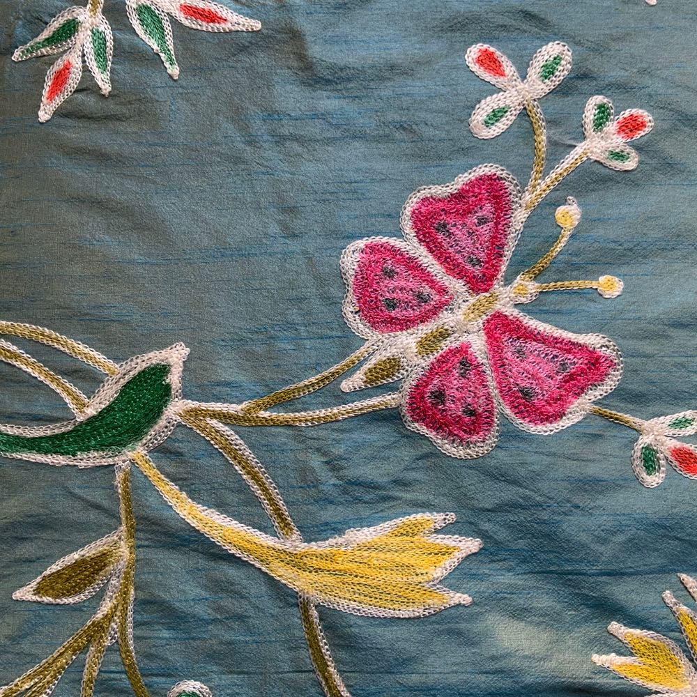 Blue Embroidered Silk Crewelwork Fabric